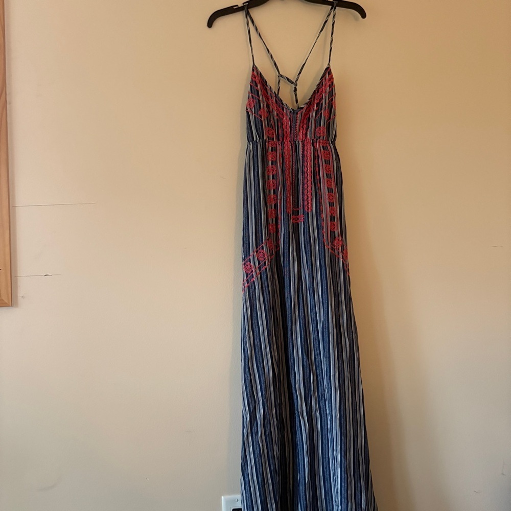 A Calin Los Angeles Striped Embroidered Maxi Dress Large Boho Open Back